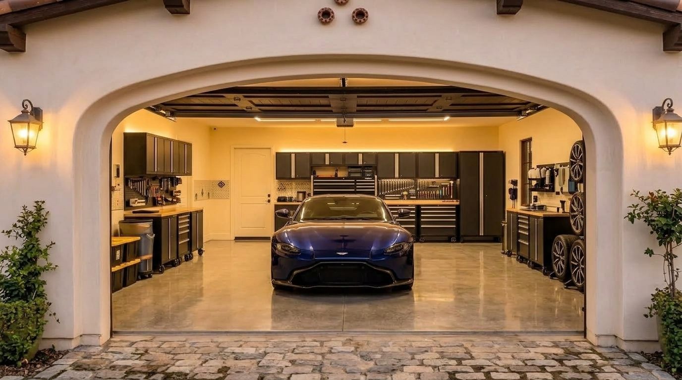 Pierce Garage Door Services Interior View of Custom Garage Door Overhead and Workshop